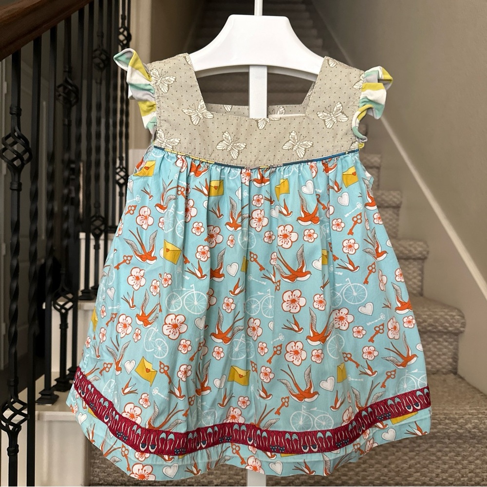 Matilda Jane Gabby Blue/Orange Birds Butterflies Keys Bicycle Tunic Shirt Size 6